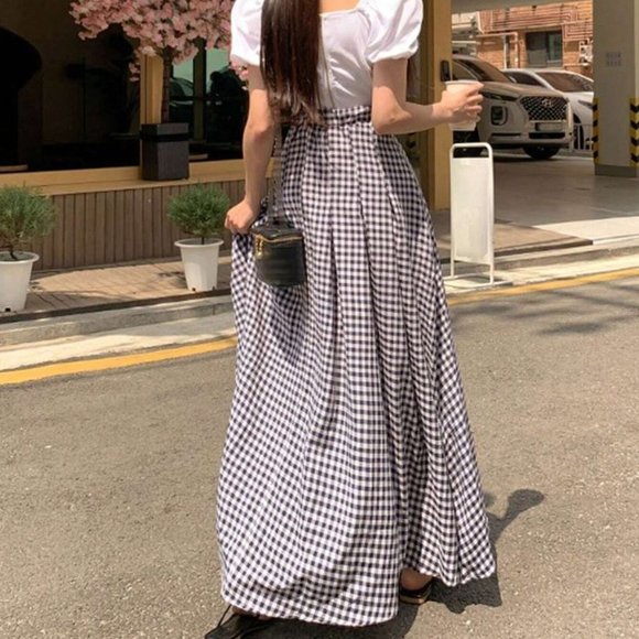 Multicolor Boho Womens Gingham Print Fold Pleated Detail Flare Skirt - Picture 2 of 5